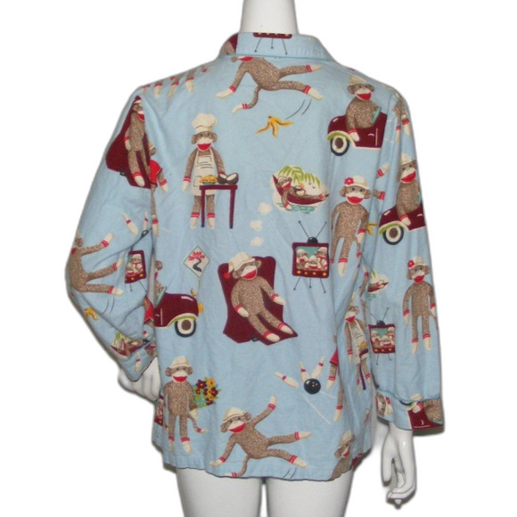 NICK & NORA Pajama Top, M, Blue, Sock Monkey Daily Tasks, Long sleeves, Fleece - Picture 4 of 8